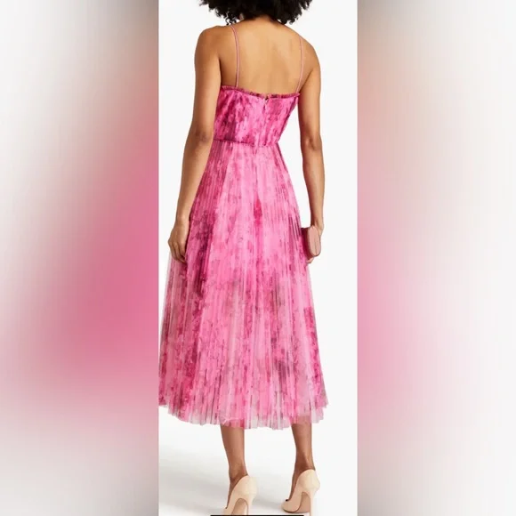 ML Monique Lhuillier Pleated Printed Tulle Midi Dress Women Size 8 - Picture 6 of 14